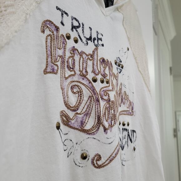 Harley Davidson Lace Sleeve Pullover Henley Long Sleeve Hooded Top Women Sz S - Picture 5 of 7